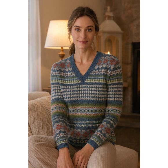 Vintage Fair Isle Wool Sweater V-Neck Nordic Knit Cozy Hygge Winter Pullover M - Picture 6 of 12